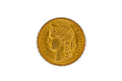 A Swiss gold 20 Francs coin, Helvetia type, dated 1889. With head of Helvetia on the obverse 