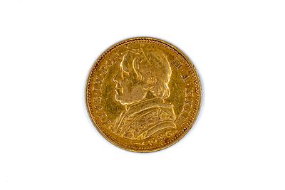 A Vatican gold 20 Lire coin of Pius IX, dated 1869. With bust of Pius IX on the obverse, and 