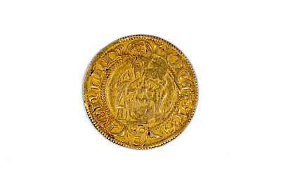 A German gold 1 goldgulden coin , Hamburg, Frederick III as King, (1440-1493). Standing crowned 