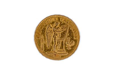 A French gold 20 Francs coin of the Second Republic, Genie type, dated 1848. With standing 