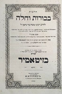 כריכה ירוקה חדשה: הלכות בכורות וחלה להרמב"ן בדפוס זיטאמיר תרכ"א [1860]. הלכות בכורות וחלה 