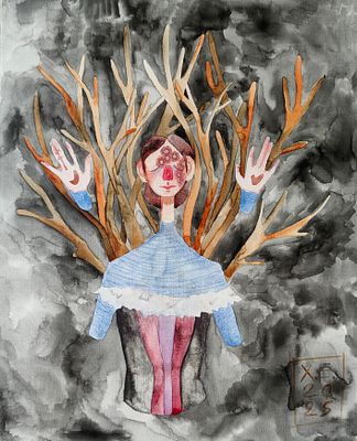 Лиза Худякова. Древо. Холст на картоне. Акварель ручной работы, китайская акварель, акварельные