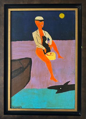 Александр Ческидов. Оранжевая герла с котом. Дерево, акрил. 76х61 см. В раме 83х68 см. 2010.