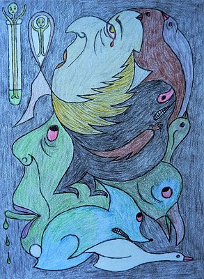 Андрей Цымбал. Инженер-генетик прослезился. Бумага, акварельные карандаши, гелевая ручка. 29х40 