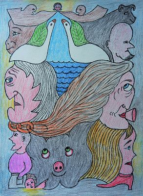 Андрей Цымбал. Унесите меня гуси. Бумага, акварельные карандаши, гелевая ручка. 29х40 см. 2016.