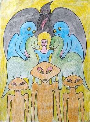 Андрей Цымбал. Инопланетяне и жители Земли. Бумага, акварельные и цветные карандаши, гелевая 