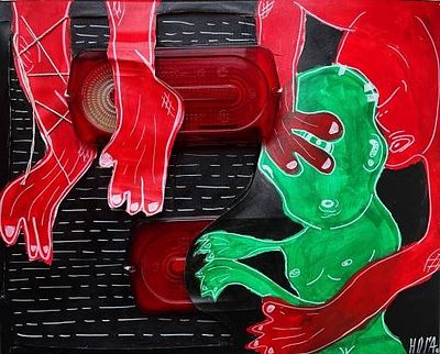 Дмитрий Нога. Социум. Холст, акрил, см. техника (веревки, фары). 40х50 см. 2023.