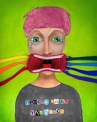 Сара Герцман. Просто чаще улыбайся. Холст на подрамнике, коллаж, акрил. 40x50 см. 2020.