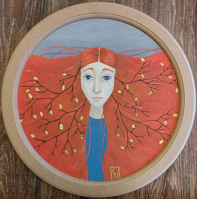 Сара Герцман. Кленовый сироп. Холст на картоне, акрил, поталь, смола. D = 40 см. 2023.