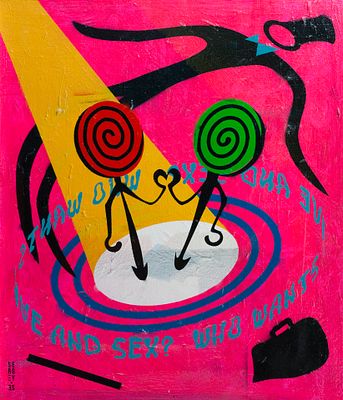 Сергей Эс. Лов и Лав в центре внимания. Холст, акрил, аэрозольные краски. 70х60 см. 2022.