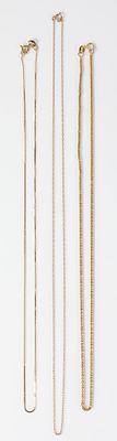 (3) 14K YELLOW GOLD CHAINS. (1) fine flat "S" chain, L-16", .6 dwt; (1) fine rope chain, L-16" 