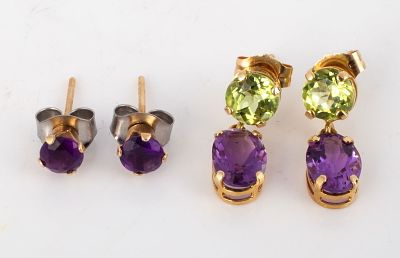 (2) PAIR 14K GEMSTONE EARRINGS. Stud type pierced earrings; (1) pair .15 carat amethyst stud 