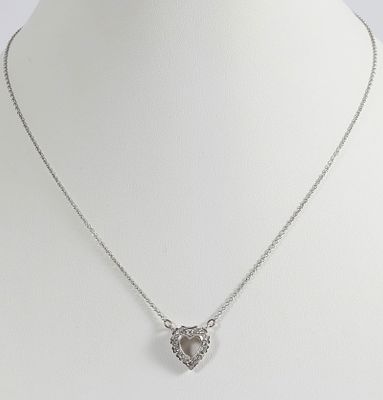 14K WHITE GOLD & DIAMOND HEART NECKLACE. White gold fine link chain necklace with central heart 