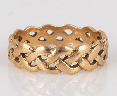 14K YELLOW GOLD BRAIDED BAND. Braided form band, marked 585, ring size 8, [2.38 dwt], light age 