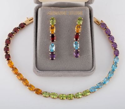 MULTI-COLORED GOLD GEMSTONE BRACELET & EARRINGS. (1) 14K yellow gold bracelet: set with six deep 