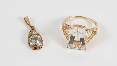 (2) PCS. GOLD & GEMSTONE JEWELRY. (1) 14K yellow gold ring with 5 carat +/- rectangular faceted 