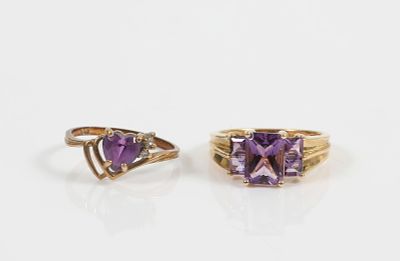 (2) 14K GOLD & AMETHYST RINGS. Yellow gold; (1) .5 carat +/- heart shaped amethyst with (3) .01 