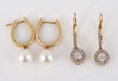 (2) PAIRS 14K GOLD DANGLE EARRINGS. Yellow gold pierced; (1) .15 round center diamond with (25) 