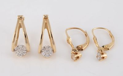 (2) PAIR DIAMOND EARRINGS. 14K yellow gold; pierced; (1) pair hoops, double loop with (7) .02 
