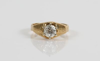 DIAMOND SOLITAIRE RING. Unmarked (tests 14K) yellow gold ring set with (1) .75 carat +/- round 