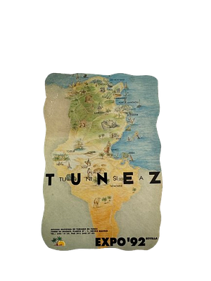 Cloth Map EXPO’92 – Tunisia Pavilion. Illustrated touristic map from the Tunisia Pavilion at the