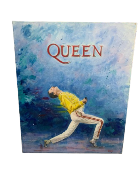 Cari G - Queen poster featuring Freddie Mercury. Acrylic painting recreating the iconic poster for 