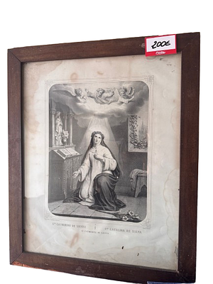 Saint Catherine's Image. The artwork, created in black and white, depicts Saint Catherine of 