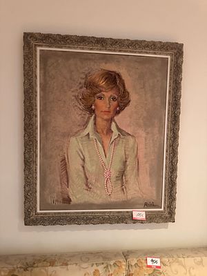 Portrait of a woman with a pink pearl necklace, signed by "Aniel". A painting in a classical 