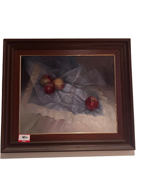 Picture of apples on a lace tablecloth. A realistic painting depicting four red apples arranged 
