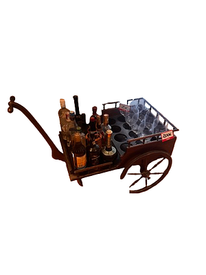 Carrito Bar de Madera Tipo "Carretilla". A bar cart shaped like a traditional wheelbarrow. It 