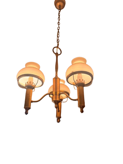 Vintage three-arm ceiling lamp with opal glass oil lamp shades. Elegant retro or vintage style 