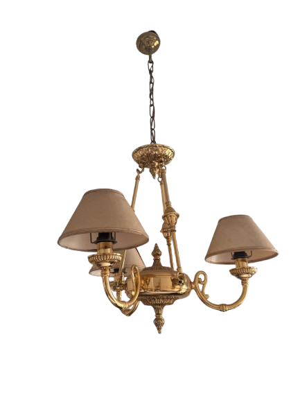 Classic three-arm ceiling lamp in polished bronze with conical shades. Elegant ceiling light in 