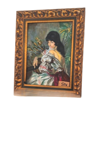 Classic oil painting on canvas of a woman with a guitar. Artistic decorative painting in a 
