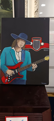 Modern oil painting with portrait of a musician and classic car. A modern-style painting on 