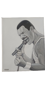 Pop art painting with a grayscale portrait of Freddie Mercury. A modern, pop art-style painting 