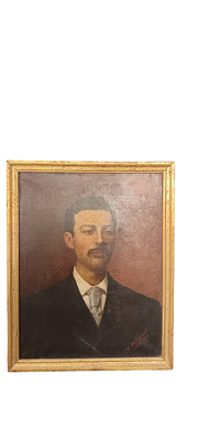 Antique painting with oil portrait of a gentleman with a mustache. Antique oil painting on 