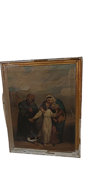 Antique religious painting with a biblical scene of the Holy Family. Large-format antique 