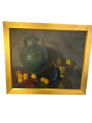 Classic painting with still life of vases and fruit. Oil painting on canvas in a classical style 