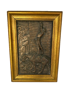 Antique painting with embossed copper relief of Don Quixote or medieval knight. Vintage or 