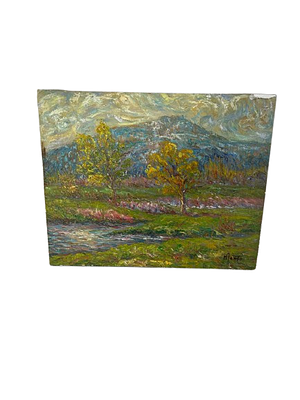 Post-impressionist painting with mountain landscape. Oil painting on canvas or panel depicting a 