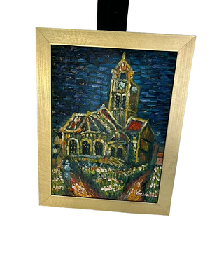 Expressionist painting with a nighttime church or cathedral scene. Oil painting on canvas in a 