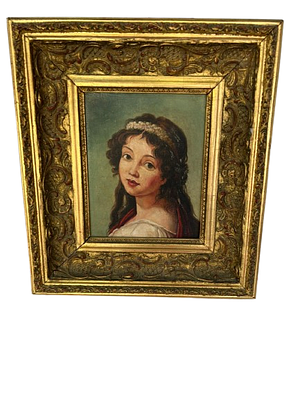 Classic painting with portrait of a young lady and baroque frame. Small antique oil painting on 