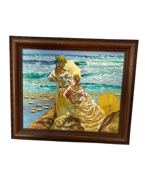 Impressionist painting with ladies on the coast. An Impressionist-inspired oil painting on 
