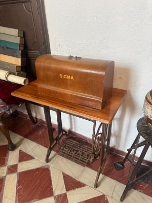 c. 1950s - Vintage SIGMA Sewing Machine with Original Wooden Cabinet and Hood Cover. All these 