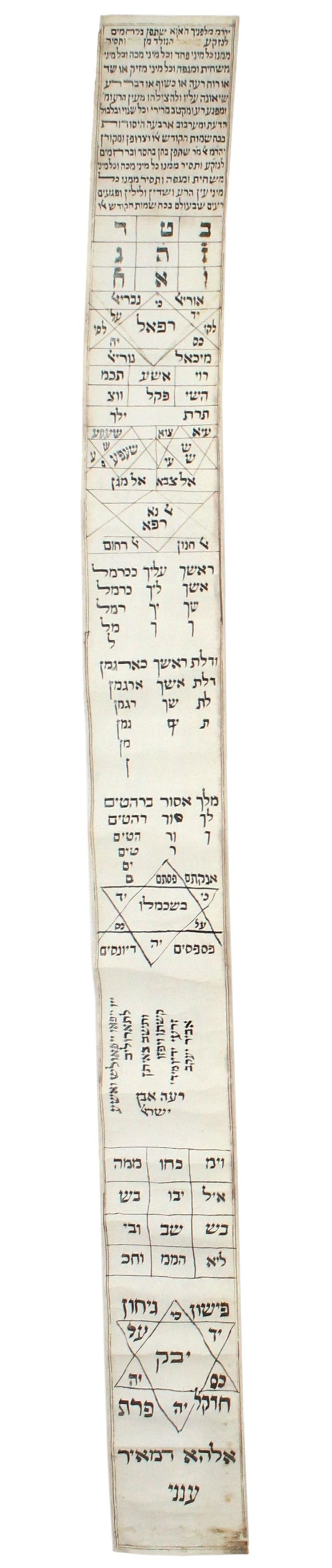 קמע מיוחד על קלף לשמירה לתינוק. המאה ה - 19. קמיע ארוך וצר מגולגל, דיו על קלף. מסוגנן בראשו נוסח