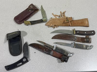 Hunting Knife Lot — includes Gerber, Western with stacked leather handles; some USA-made