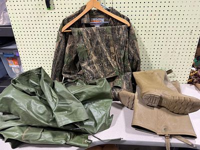 Outdoorsman's Lot — Hip Waders (size 11), Rain Gear, Winchester XL Overalls