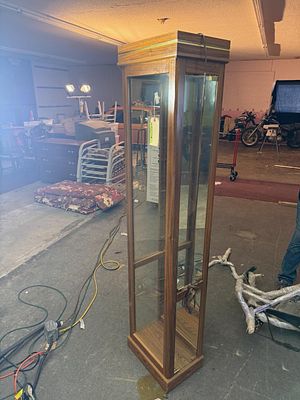 Contemporary Oak Finish Illuminated Tower Curio Display Cabinet. This is a contemporary 