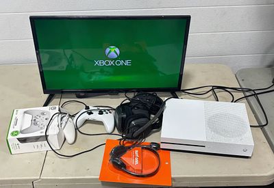 TV NOT INCLUDED- Xbox One S Console, Two Controllers, Headset, powers on and has been wiped