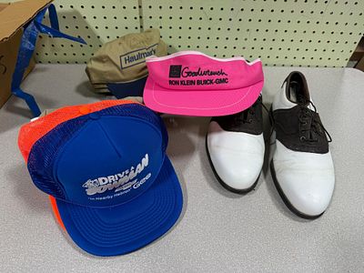 A Pair of FootJoy Golf Shoes and a Collection of Promotional Headwear